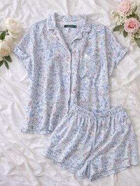 Lauren Ralph Lauren Floral Pajama Lounge Set Blue Embroidered Logo XL Preppy